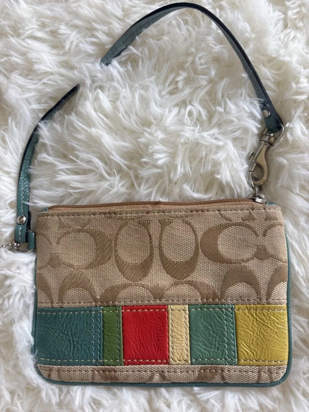 Coach Mini Wristlet Signature C Canvas Patchwork Stripe Bag Teal Trim Vintage - Picture 2 of 16